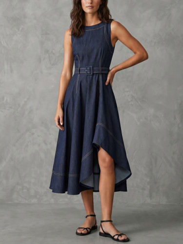 Solid Color Belted Sleeveless High-Low Round-Neck Midi Dresses