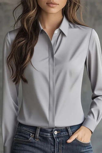 Solid Color Long Sleeve Lapel Casual Button-Down Shirt