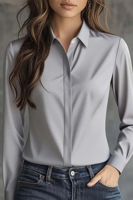Solid Color Long Sleeve Lapel Casual Button-Down Shirt