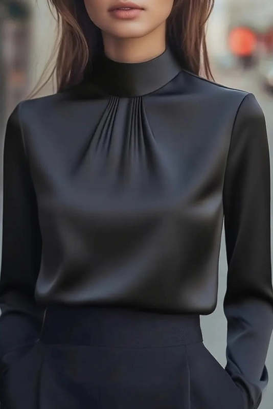 Solid Color Long-sleeved High-neck Casual Shirt