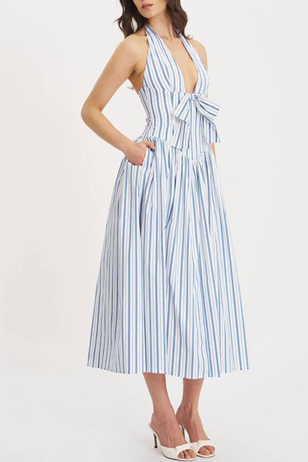 Blue-White Striped Halter Deep V Bow-Waisted Flowy Maxi Dress