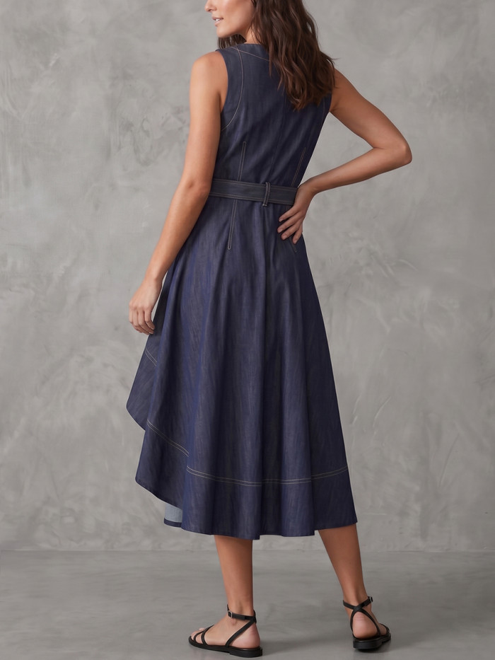 Solid Color Belted Sleeveless High-Low Round-Neck Midi Dresses