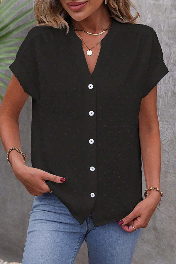 Solid Color Jacquard V-Neck Button Casual Shirt