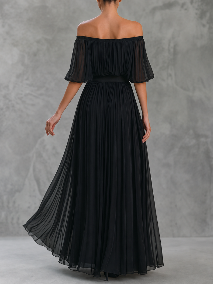 Split-Front Solid Color Pleated Puff Sleeves High Waisted Off-The-Shoulder Maxi Dresses