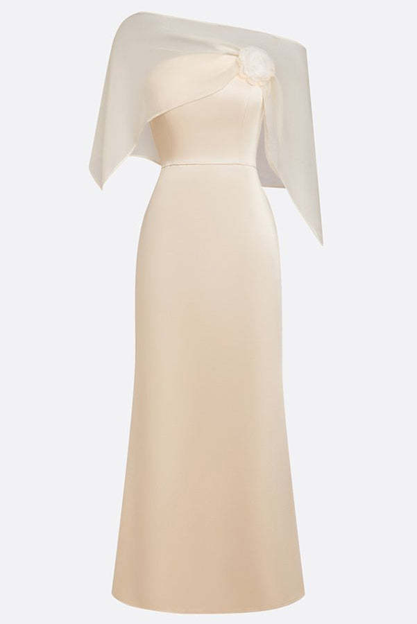 Lucero 3D Floral Satin Boat Neck Short Sleeve Sheath Capelet Gown Maxi Dress