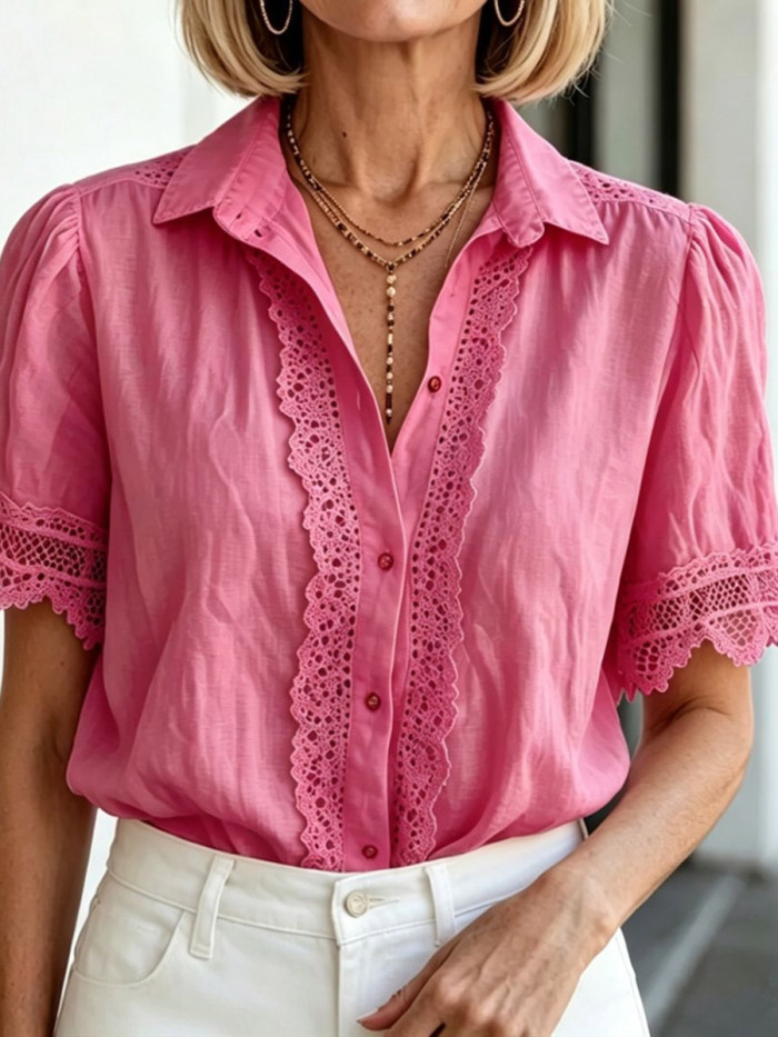 Solid Color Pleated Hollow Buttoned Short Sleeves Plus Size Lapel Blouses&shirts Tops