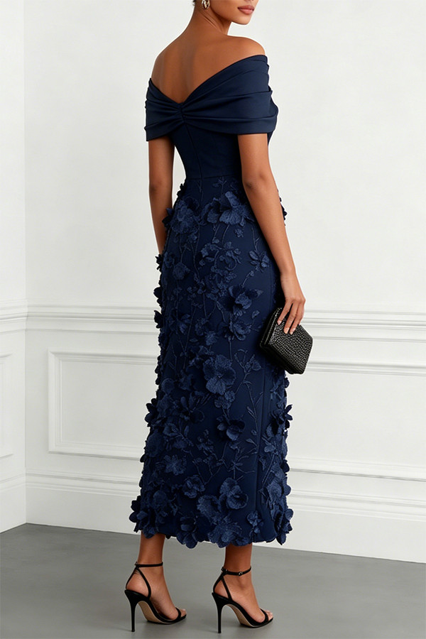 Classic 3D Floral Embroidery Off The Shoulder Short Sleeve Sheath Midi Dress