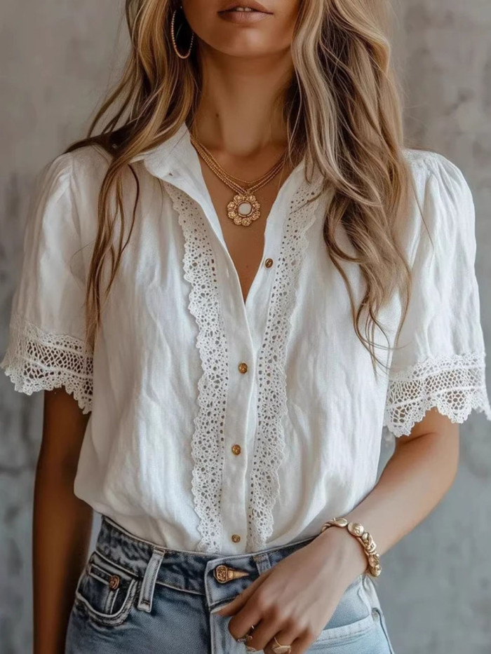 Solid Color Pleated Hollow Buttoned Short Sleeves Plus Size Lapel Blouses&shirts Tops