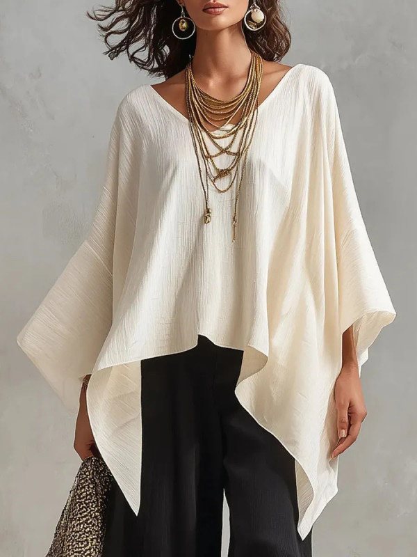 Solid Color Loose Long Sleeves V-neck Blouses&shirts Tops