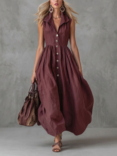 Solid Color Pleated Buttoned Sleeveless Loose Lapel Maxi Dresses