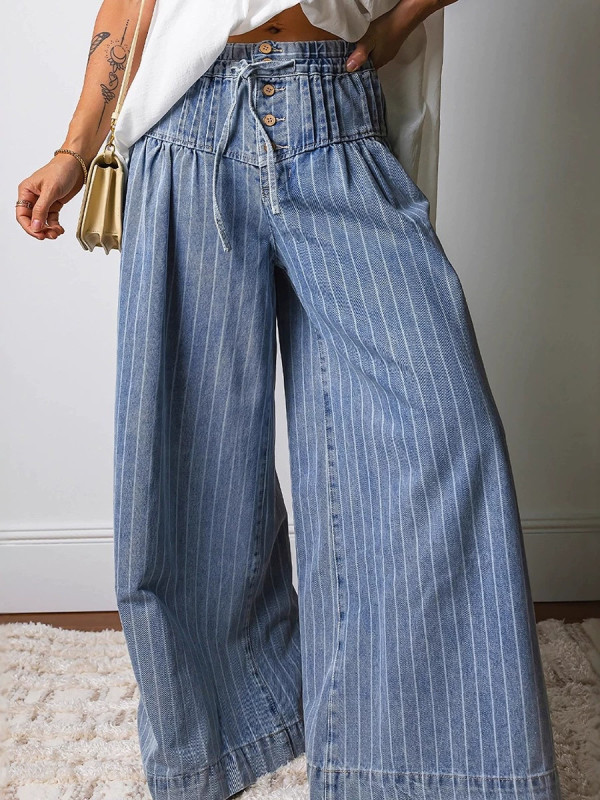 Pockets Elasticity Drawstring Wide Leg Loose Jean Pants Bottoms