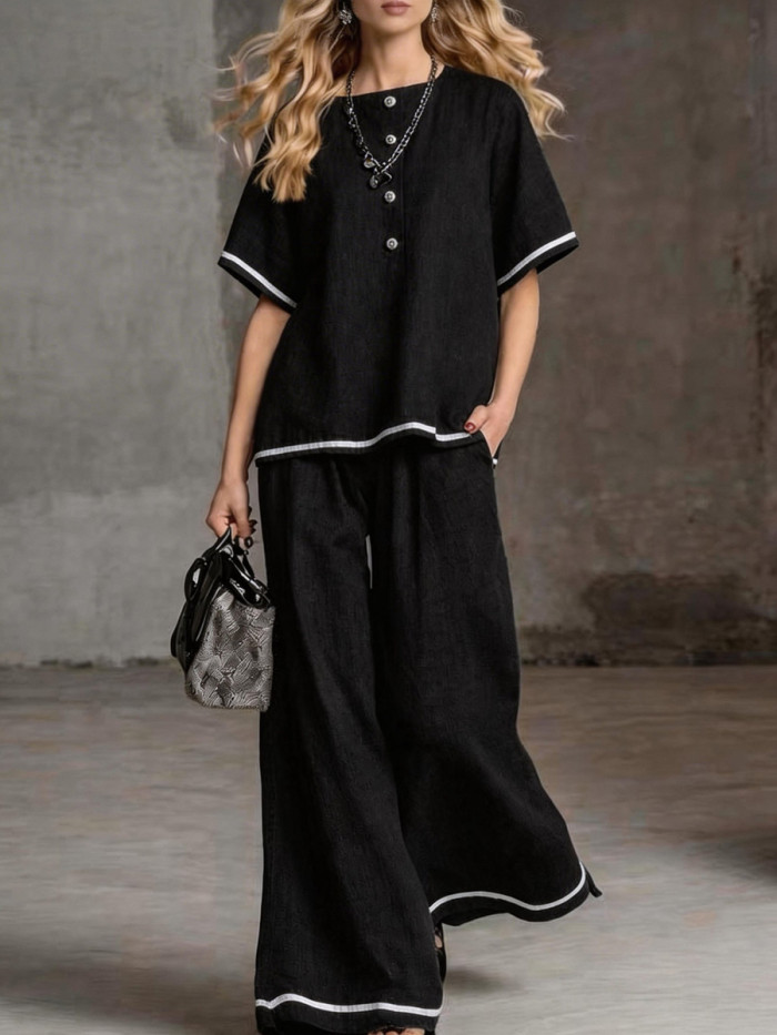 Solid Color Pockets Buttoned Wide Leg Short Sleeves Round-Neck Blouses Top + Pants Bottom Two Pieces Set