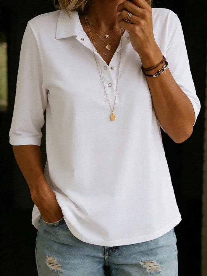 Solid Color Buttoned Loose Half Sleeves Lapel Blouses&Shirts Tops