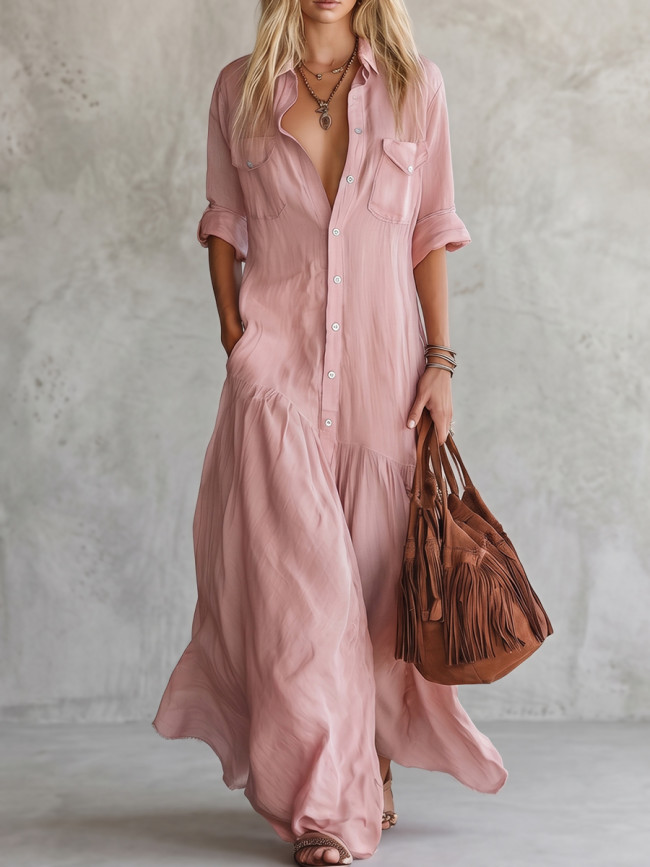 Solid Color Pockets Buttoned Loose Long Sleeves Lapel Shirt Dress Maxi Dresses