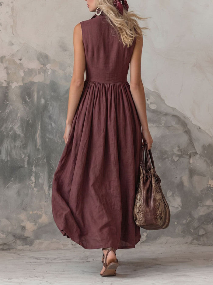 Solid Color Pleated Buttoned Sleeveless Loose Lapel Maxi Dresses