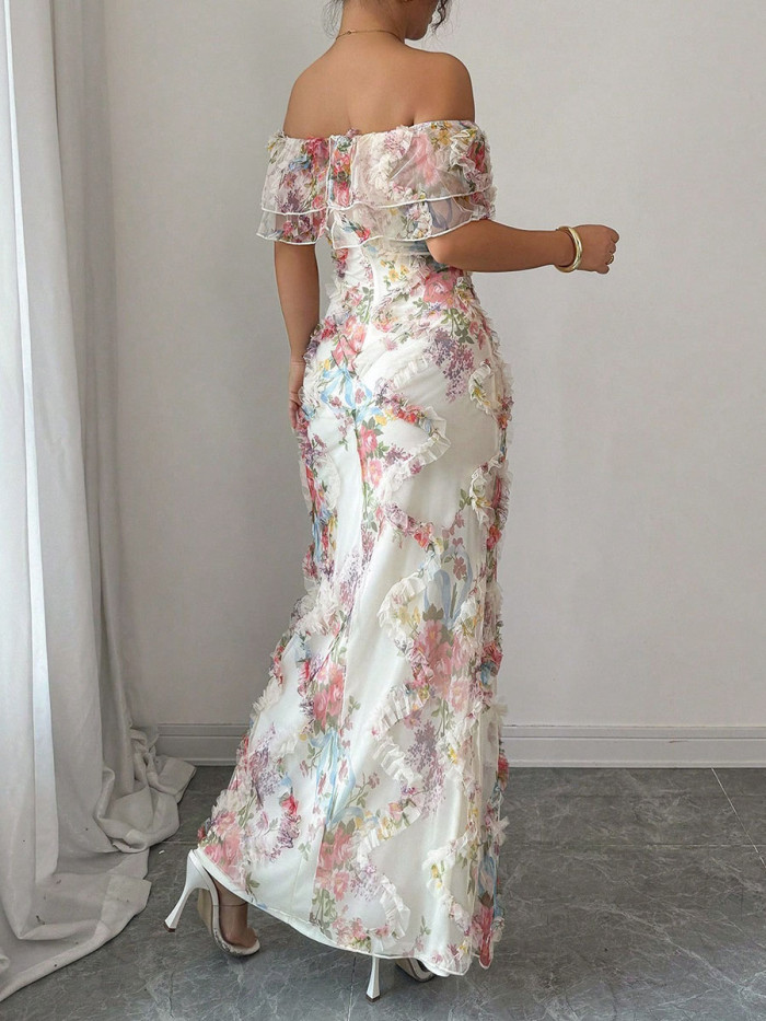 Split-Joint Ruffle Trim Flower Print Contrast Color Bodycon Off-The-Shoulder Midi Dresses
