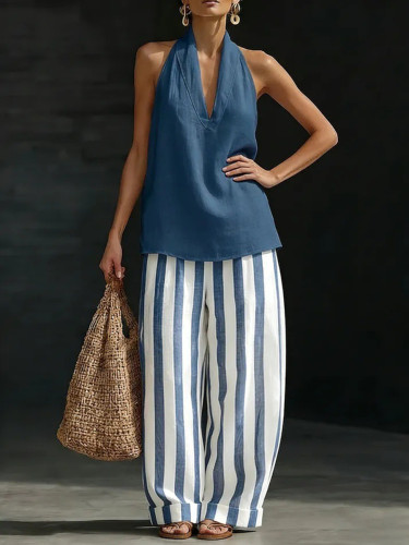 Striped Contrast Color Sleeveless Plus Size Halter-Neck Vest Top + Pants Bottom Two Pieces Set