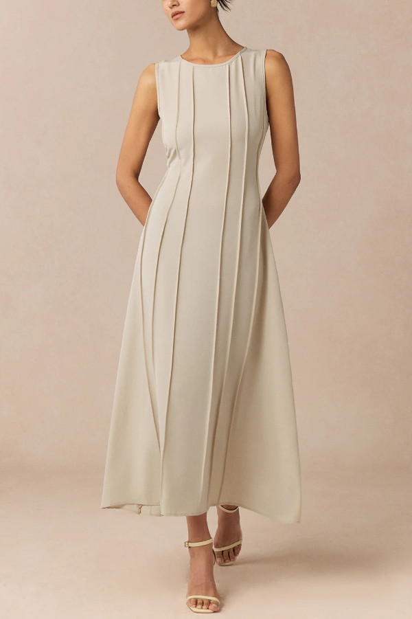 Solid Color Round Neck Sleeveless Elegant Pleated Casual Maxi Dress