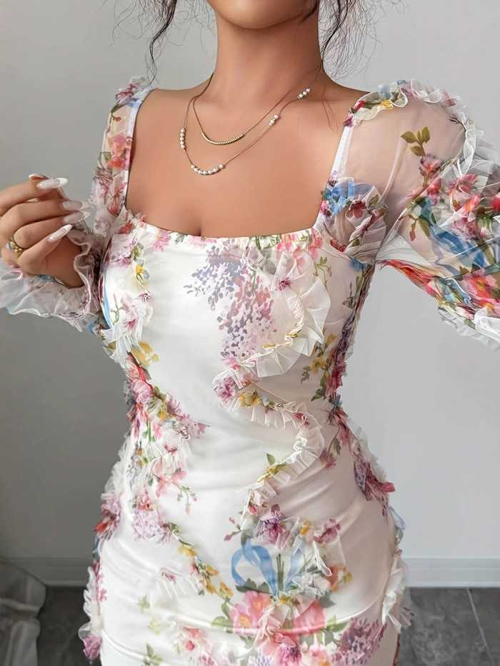 Split-Joint See-Through Ruffle Trim Flower Print Contrast Color Long Sleeves Bodycon Square-neck Midi Dresses