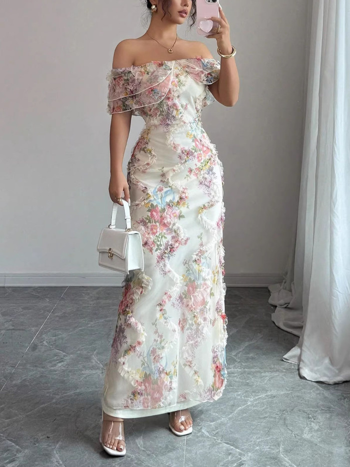 Split-Joint Ruffle Trim Flower Print Contrast Color Bodycon Off-The-Shoulder Midi Dresses