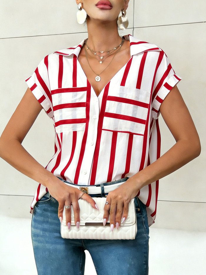 Striped Pockets Contrast Color Buttoned Short Sleeves Loose Lapel Blouses&shirts Tops