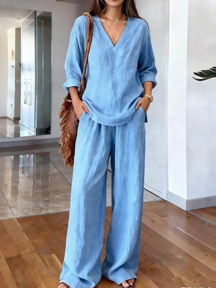 Long Sleeves Solid Color Deep V-Neck Blouses&Shirts Tops + Pleated High Waisted  Trousers Two Pieces Set
