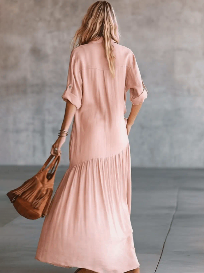 Solid Color Pockets Buttoned Loose Long Sleeves Lapel Shirt Dress Maxi Dresses