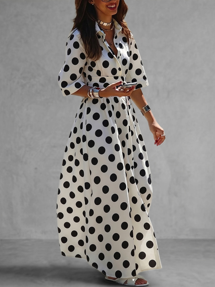 Polka Dot Elasticity Contrast Color Buttoned High Waisted Half Sleeves Lapel Shirt Dress Maxi Dresses