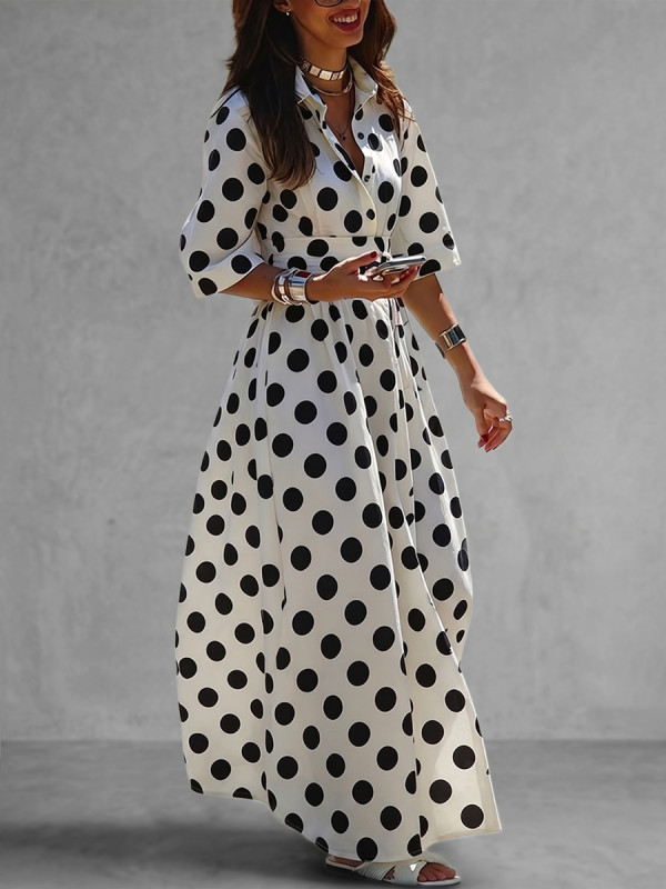 Polka Dot Elasticity Contrast Color Buttoned High Waisted Half Sleeves Lapel Shirt Dress Maxi Dresses