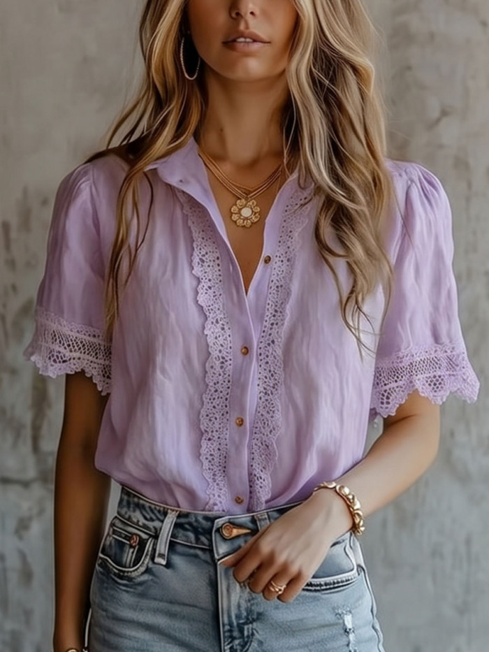 Solid Color Pleated Hollow Buttoned Short Sleeves Plus Size Lapel Blouses&shirts Tops