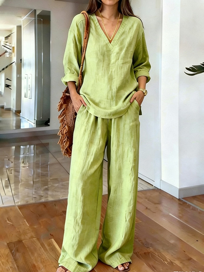 Long Sleeves Solid Color Deep V-Neck Blouses&Shirts Tops + Pleated High Waisted  Trousers Two Pieces Set