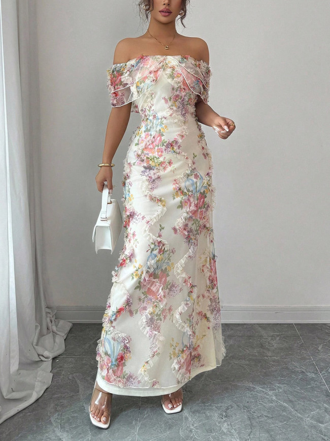 Split-Joint Ruffle Trim Flower Print Contrast Color Bodycon Off-The-Shoulder Midi Dresses