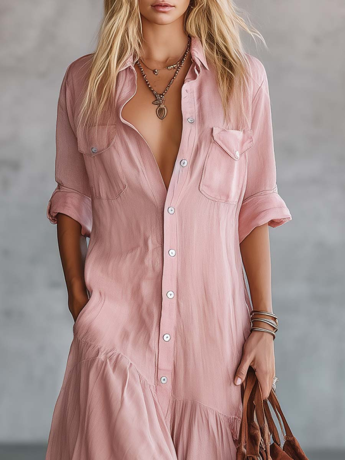 Solid Color Pockets Buttoned Loose Long Sleeves Lapel Shirt Dress Maxi Dresses