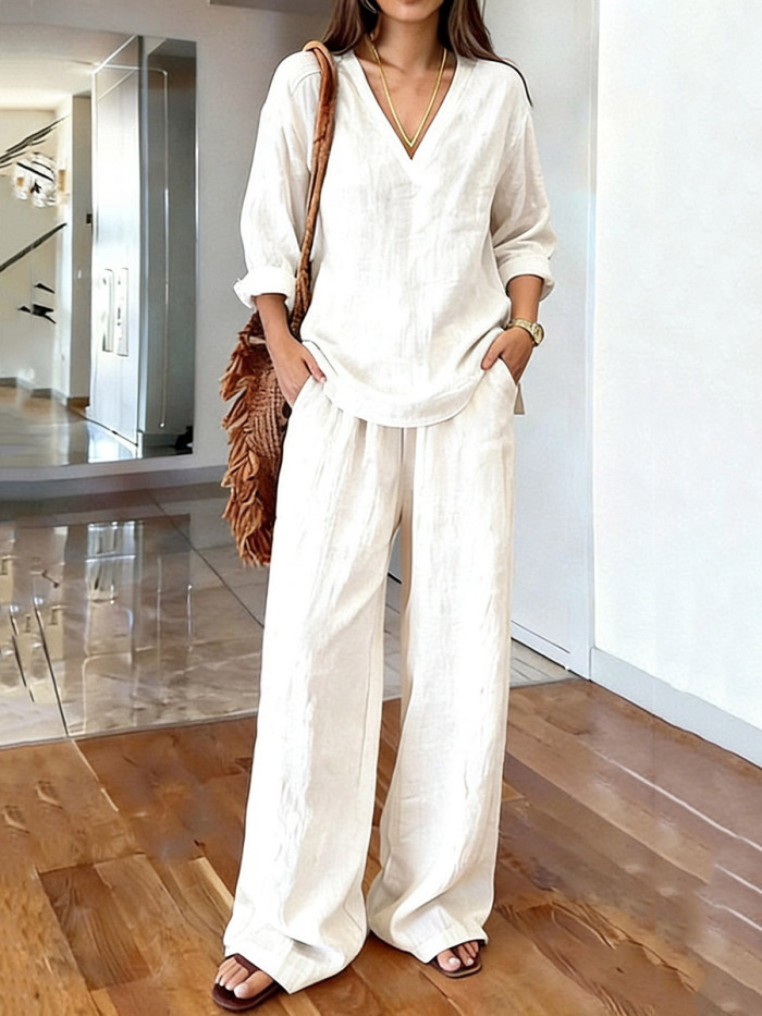 Long Sleeves Solid Color Deep V-Neck Blouses&Shirts Tops + Pleated High Waisted  Trousers Two Pieces Set