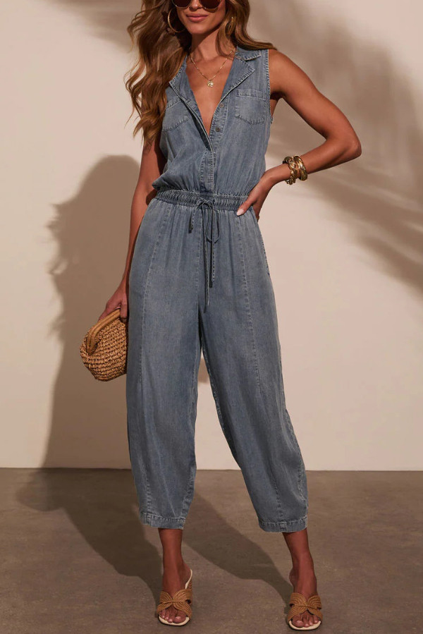 Stylish Collared Sleeveless Elastic Waist Tie Casual Pocket Denim Jumpsuit