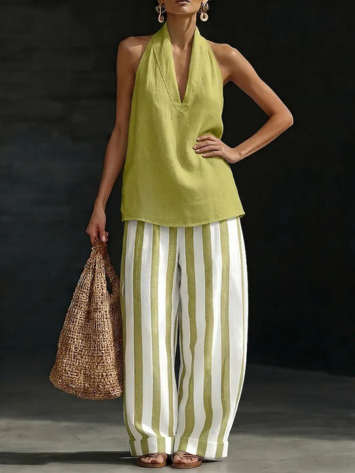 Striped Contrast Color Sleeveless Plus Size Halter-Neck Vest Top + Pants Bottom Two Pieces Set