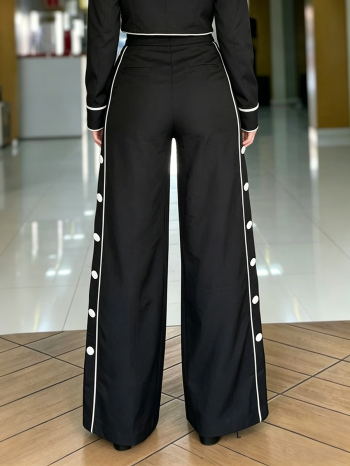 Pockets Line Contrast Color Buttoned Wide Leg High Waisted Trousers Pants