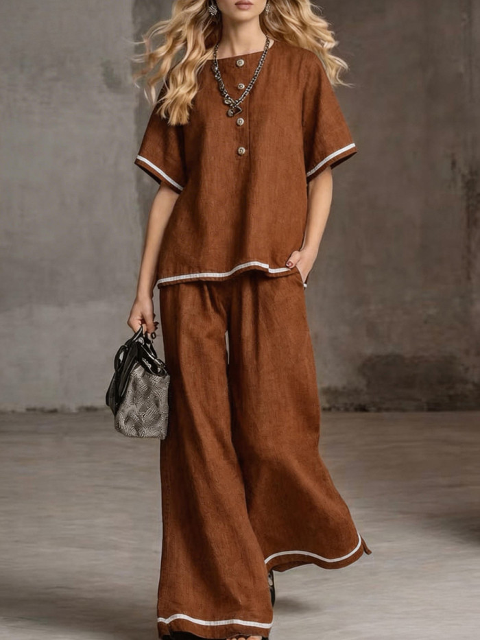 Solid Color Pockets Buttoned Wide Leg Short Sleeves Round-Neck Blouses Top + Pants Bottom Two Pieces Set