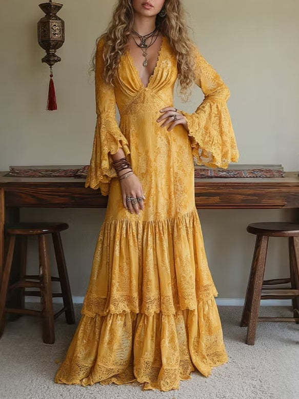 Yellow V-neck Lace Layered Bell Sleeve A-line Maxi Dress