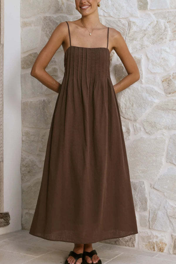 Solid Color Pleated Square Neck Suspender Casual Midi Dress