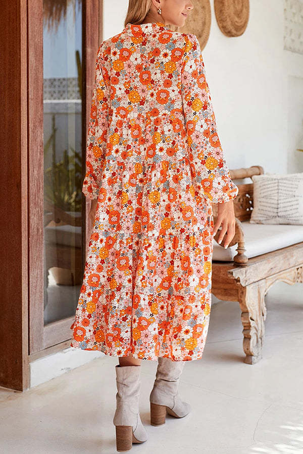 Boho Floral Collared Long Sleeve Dress