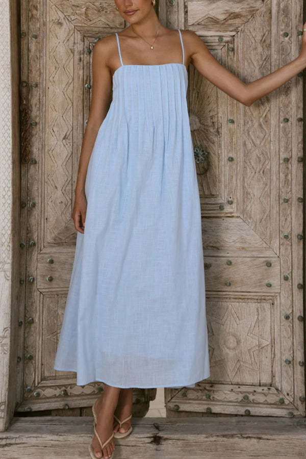 Solid Color Pleated Square Neck Suspender Casual Midi Dress