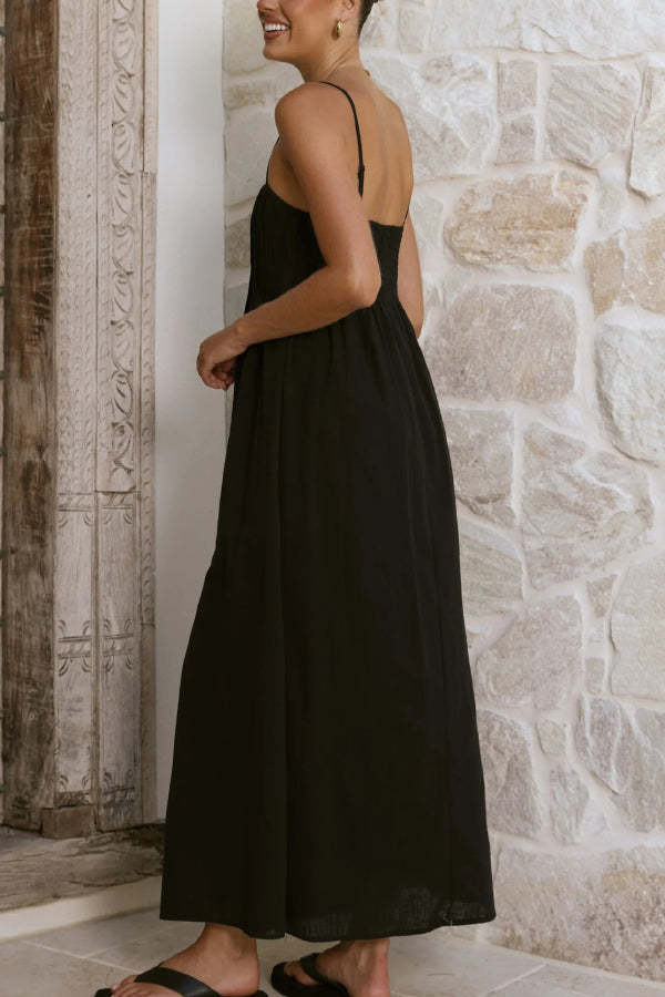 Solid Color Pleated Square Neck Suspender Casual Midi Dress
