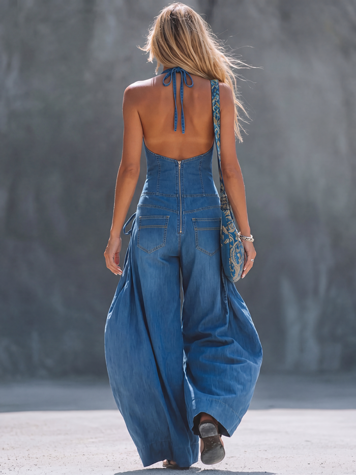 Zipper Solid Color Drawstring Backless Wide Leg Sleeveless Deep V-Neck Jumpsuits
