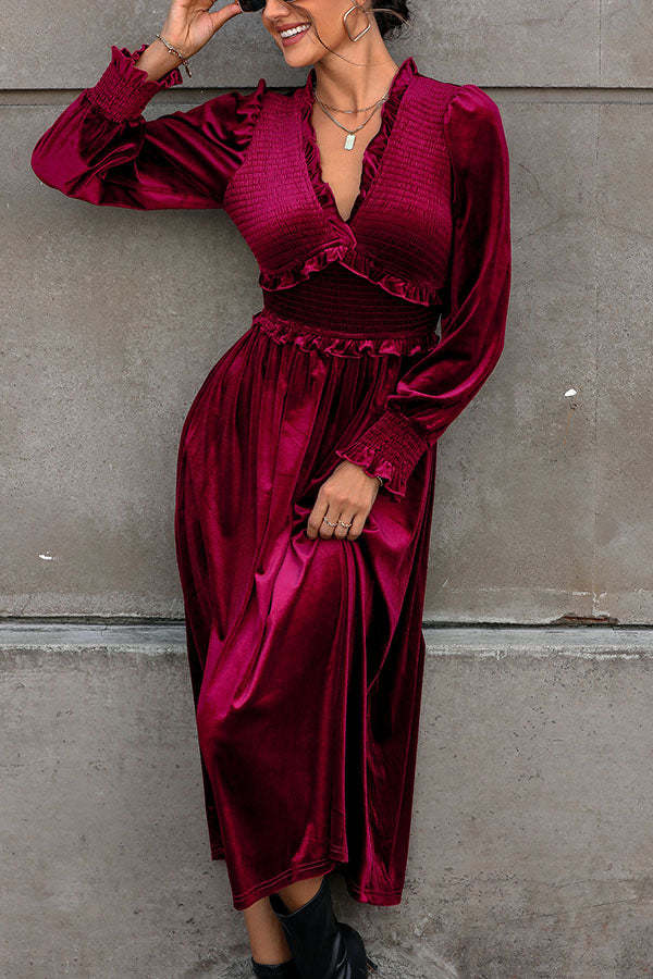 Solid Color Velvet Pleated Ruffled V-neck Long Sleeve Elegant Midi Dress
