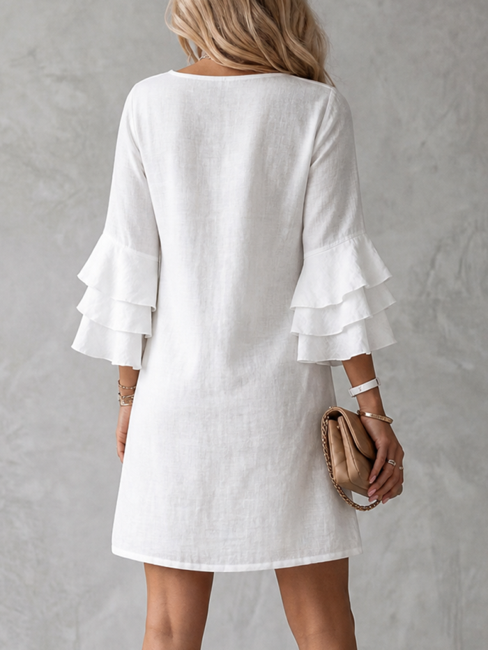 Split-Joint Solid Color Ruffled Loose Half Sleeves V-neck Mini Dresses