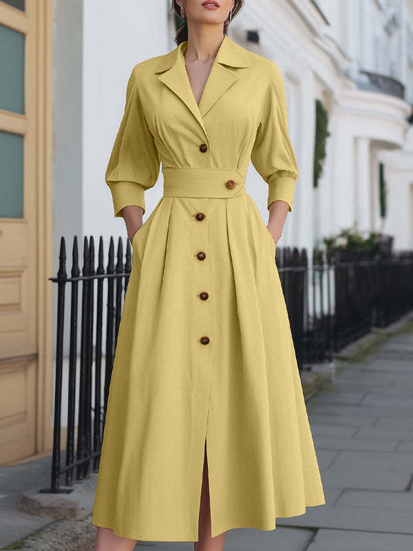 A-Line Long Sleeves Buttoned Pleated Pockets Solid Color Notched Collar Midi Dresses Shirt Dress