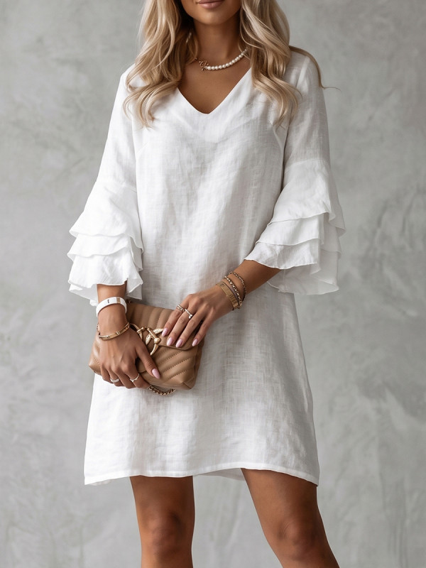 Split-Joint Solid Color Ruffled Loose Half Sleeves V-neck Mini Dresses