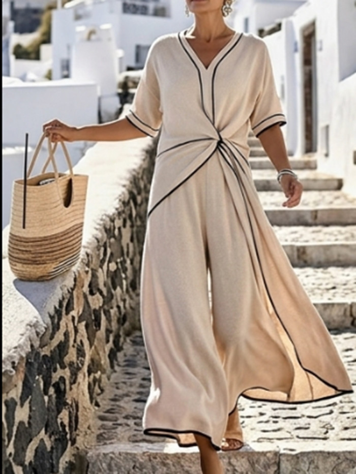 Pockets Pleated Line Knot Contrast Color Short Sleeves Loose V-Neck Jumpsuits