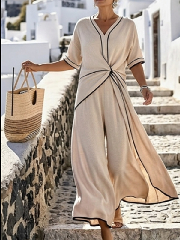Pockets Pleated Line Knot Contrast Color Short Sleeves Loose V-Neck Jumpsuits
